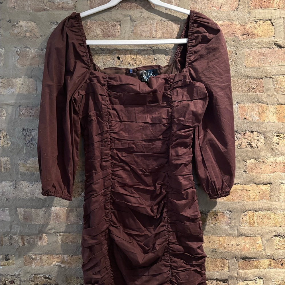 Square neck, long sleeve, brown dress